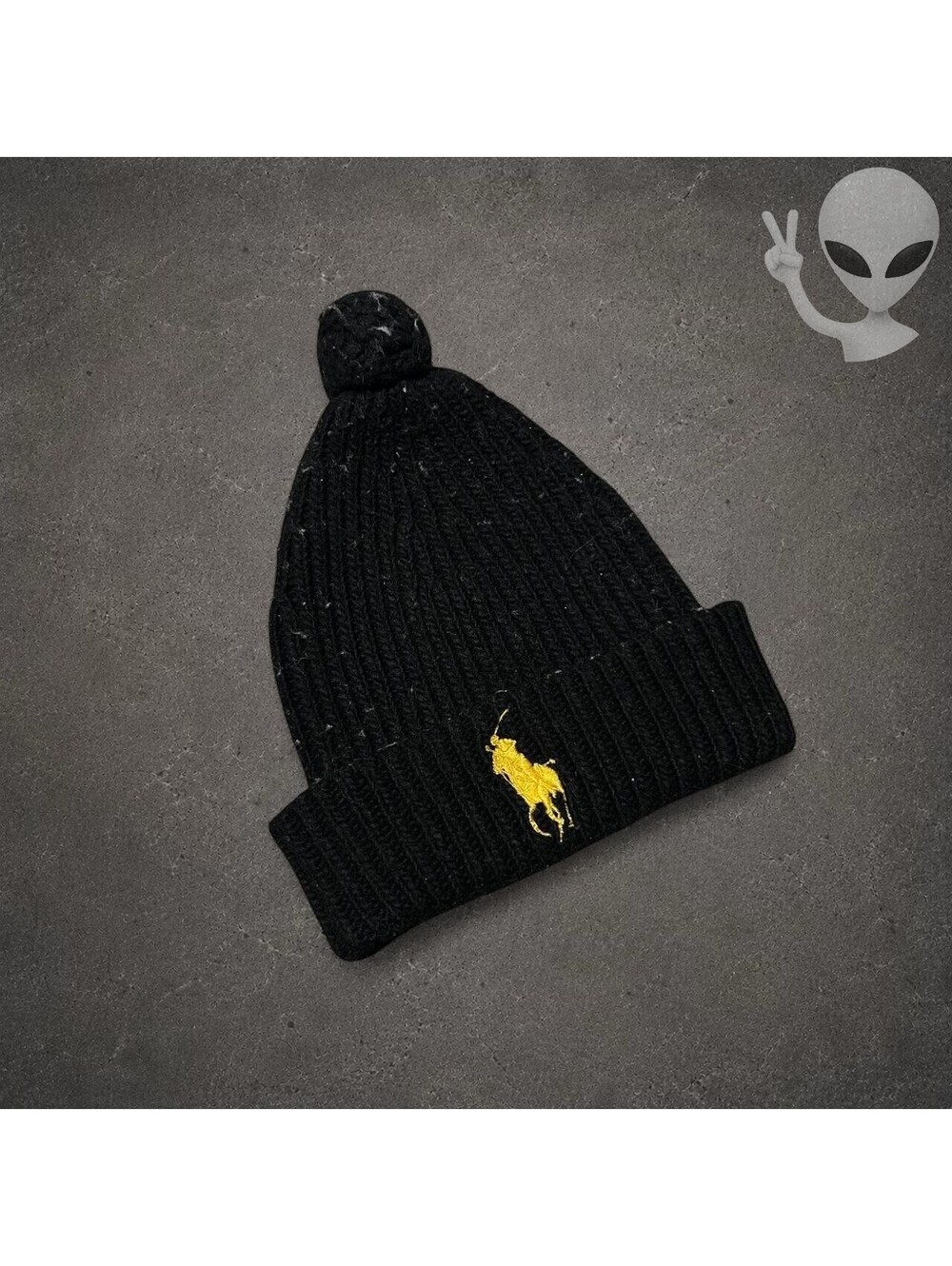 Polo Ralph Lauren Ribbed Knit Pom Beanie Hat Mens One Size Black Gold Big Pony